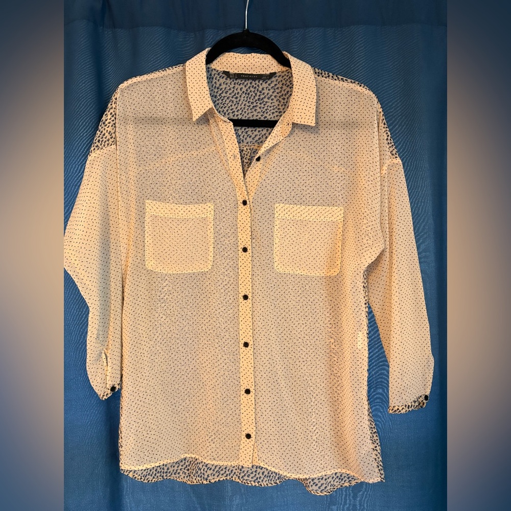 Zara women’s loose sheer blouse. Pale pink with navy pattern. Lightly used.